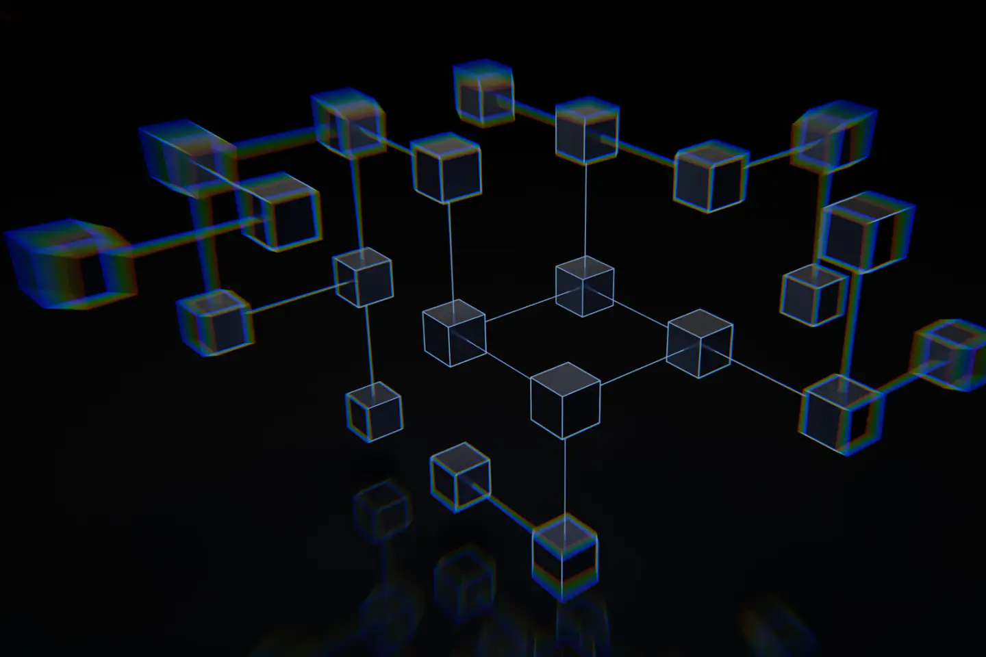 Glowing connected cubes forming a network on a dark background