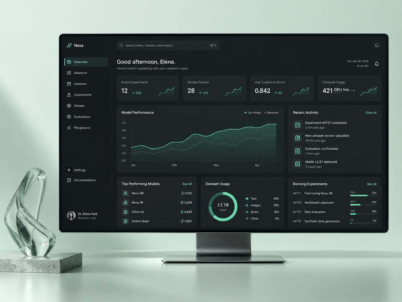 Nexa AI research dashboard concept on a desktop monitor