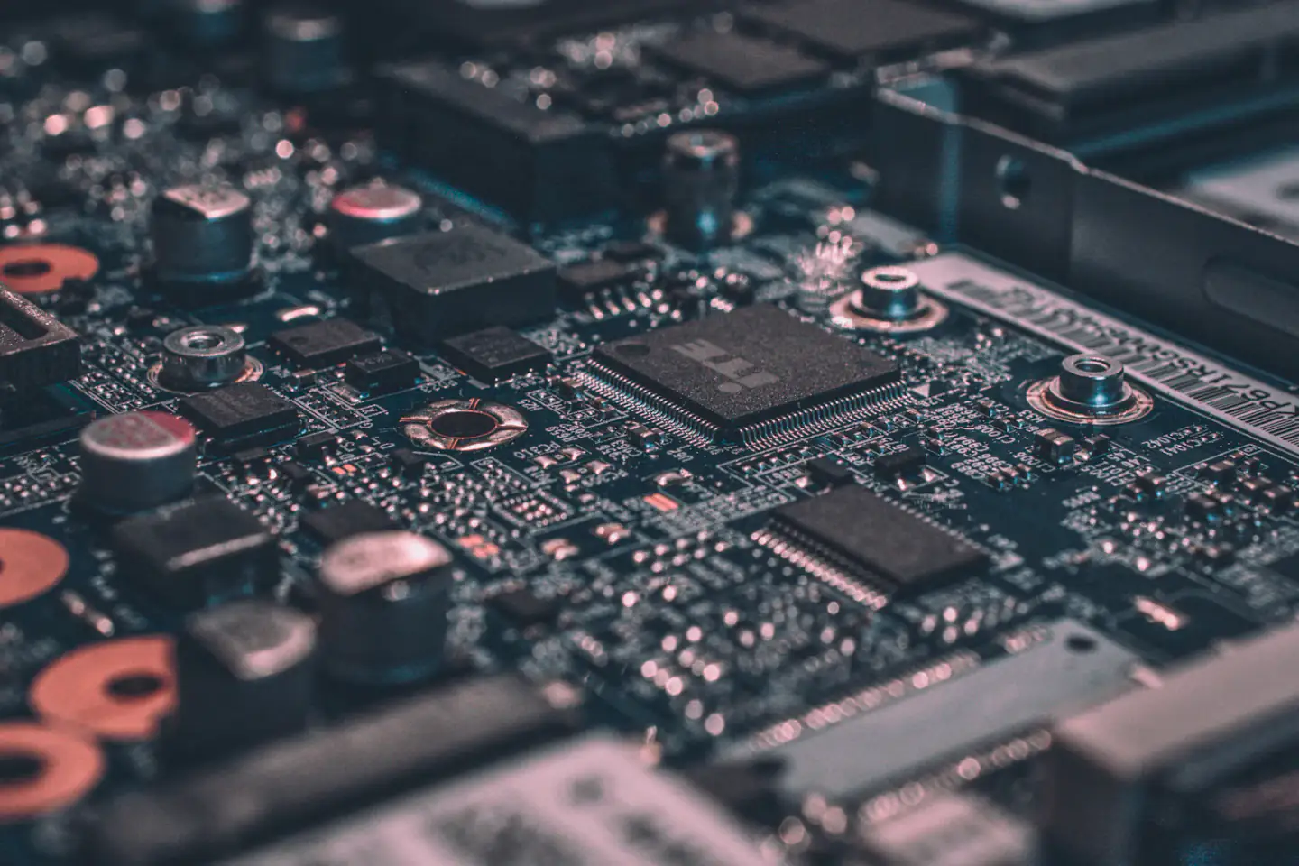Close-up of a printed circuit board with processors