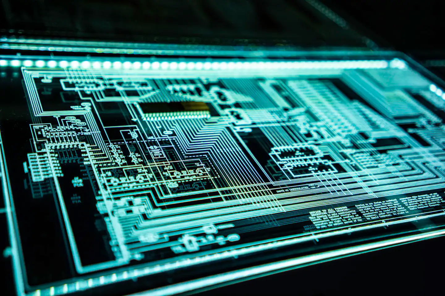 Illuminated teal circuit pathways in the dark