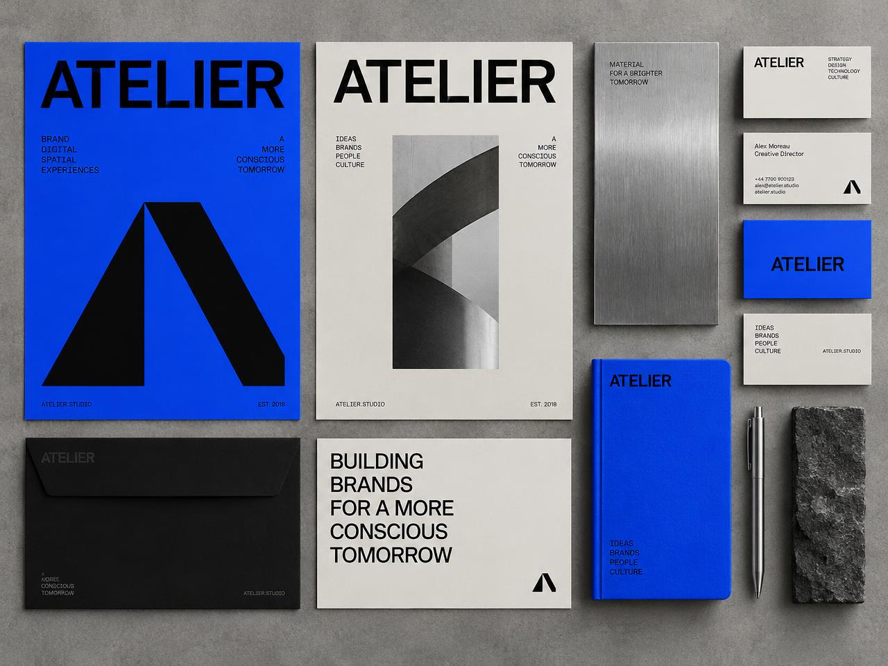Atelier brand identity concept: posters, business cards, and stationery