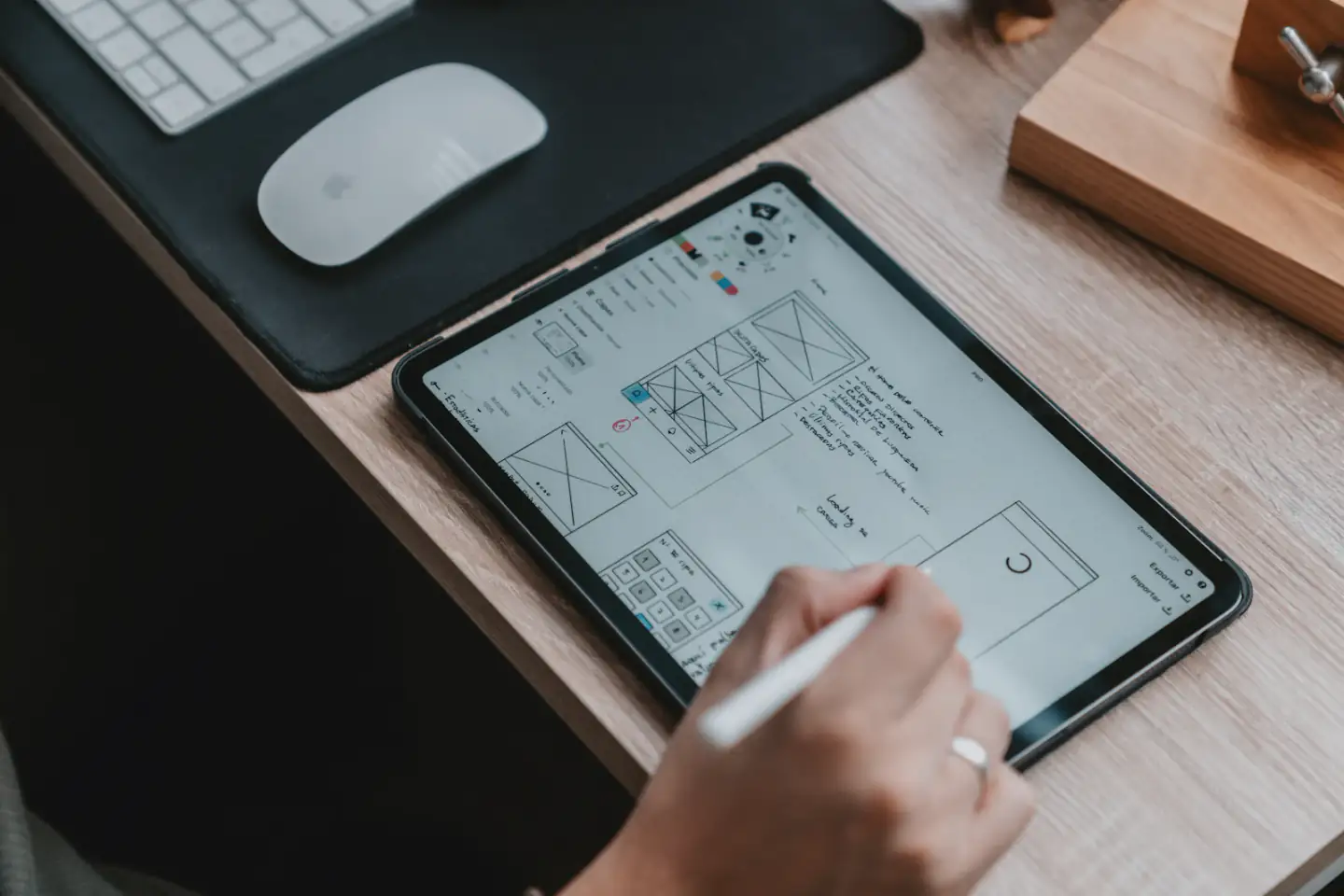 Designer sketching interface wireframes on a tablet
